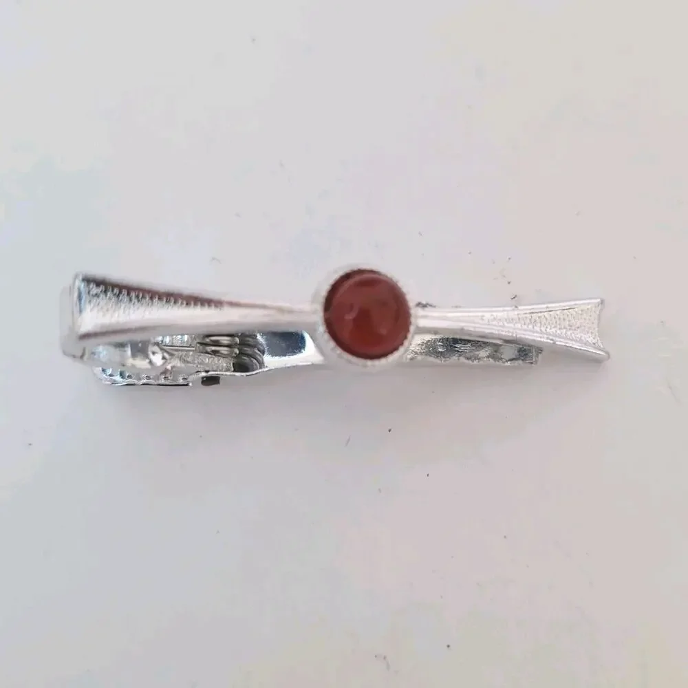 Rolled Gold Silver Tie Bar Clip Tac Clasp Retro‎ Red Cabochon Lightweight Small